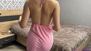 damn this hot petite teen in pink dress takes a deep creampie load!