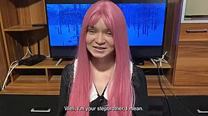 Step sister models student uniform, blows step brother eagerly