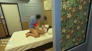 chubby asian college student ravaged by horny dorm guard missionary creampie dripping tight shaved pussy