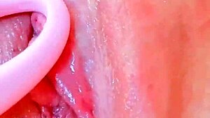 shaved babe's tight pussy gets toyed to wet orgasm close up