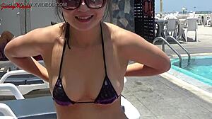 sexy wet bikini babe jennymarie flashes tits outdoors public