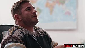 in the empty classroom, the horny teacher spots her naughty colleague masturbating and jumps on his cock for a rough fuck