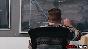 in the empty classroom, the horny teacher spots her naughty colleague masturbating and jumps on his cock for a rough fuck