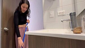 hubby's maid fingers bathroom then grinds lesbian ass