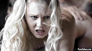 Older guy pops nervous petite blonde teen's cherry with big cock