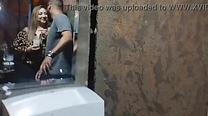 Lene offers pierced pussy to hung stud bareback party bathroom cum swallow!