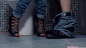 brunette milf milks cock with fake tits before toilet cumshot blast