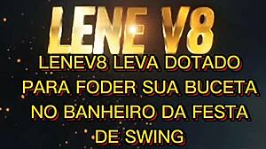 Lene offers pierced pussy to hung stud bareback party bathroom cum swallow!