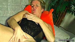 Busty blonde granny fingers pussy with dildo until explosive solo orgasm hits hard