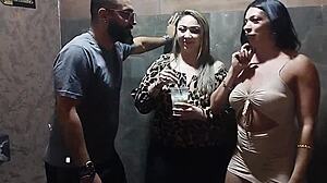 Lene offers pierced pussy to hung stud bareback party bathroom cum swallow!