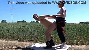 gf pegs bf's ass strapon in public cornfield heat