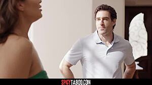 This hot brunette babe lures the repairman for blowjob, cowgirl and doggystyle pounding.