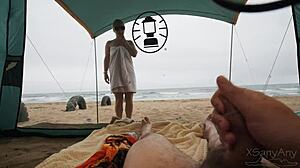 imagine catching my big cock flashing then random beach cowgirl ride in see through tent