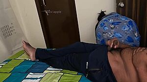 lucky guy scores handjob from busty hostel maid