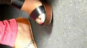 mature candid feet in wedges and sandals caught hidden