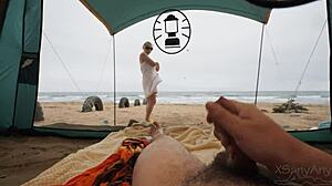 imagine catching my big cock flashing then random beach cowgirl ride in see through tent
