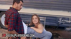 Kristen Scott grabs Alex Jones' huge cock to suck outdoors!