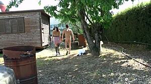 beautiful brunette country girl bends for outdoor anal cumshot facial