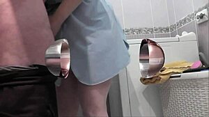 lover bends blonde milf wife over washer for doggy creampie after shower taboo fuck