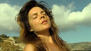 Siren beauty lounges on sun-kissed greek isle shores