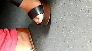 mature candid feet in wedges and sandals caught hidden