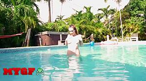 gf everly haze swims naked then rides leo valentinos cock poolside—missionary to doggy?