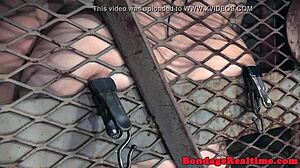 BDSM redhead bound nipples clamped deepthroat toyed whipped closeup