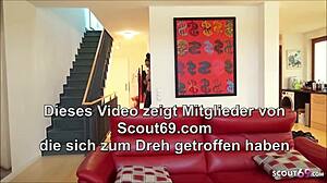 skinny german milf glasses fucked hard on stairs by son's friend