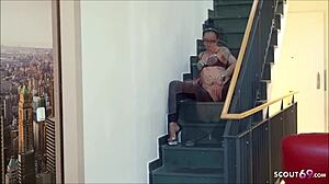 skinny german milf glasses fucked hard on stairs by son's friend