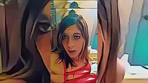 Shemale Strips Nude in Bathroom Ripping Clothes Off Teasing