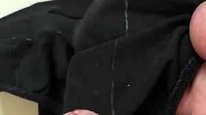 friend rubs cock on girlfriend's dirty cum-stained panties