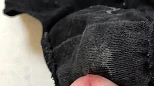 friend rubs cock on girlfriend's dirty cum-stained panties