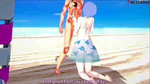 Rem kneels for deep beach blowjob in re:zero hentai fantasy