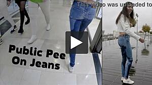 skinny teen flashes wet pee in tight jeans at mall