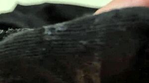 friend rubs cock on girlfriend's dirty cum-stained panties