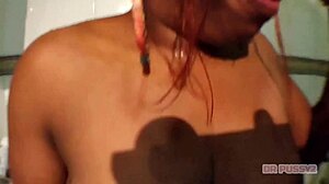 ebony tattooed babe deepthroats monster cock in slow motion