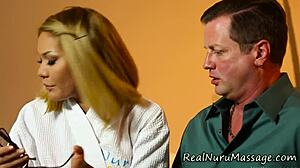 oriental masseuse's slippery nuru handjob ends in hot cumshot