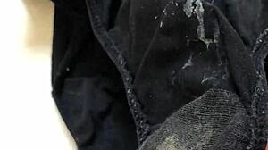 friend rubs cock on girlfriend's dirty cum-stained panties