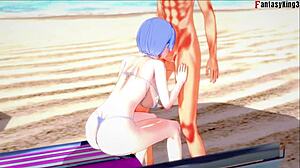 Rem kneels for deep beach blowjob in re:zero hentai fantasy