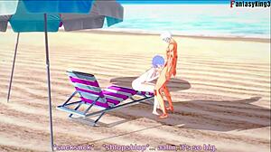 Rem kneels for deep beach blowjob in re:zero hentai fantasy