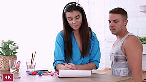 brunette teen rides cock bent over for creampie finish