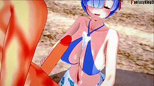 Rem kneels for deep beach blowjob in re:zero hentai fantasy