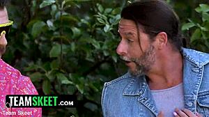 Stepdaughters host dirty stepfathers' day gangbang with tight pussies and perky tits