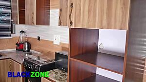 Young ebony mommy's small waist shakes in kitchen sex