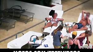 redhead latina babe slips bikini aside while sunbathing publicly, teases gaping pussy