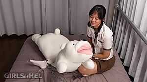 Chained cutie toys shaved pussy to wet orgasm