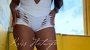 Gym wife flashes cameltoe pussy tits in tight shorts... naughty brazilian exhibitionist tempts friend pov!