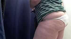 Chubby milf PAWG big ass white panties tight leggings fitting room close-up