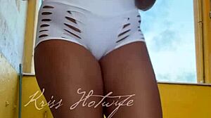 Gym wife flashes cameltoe pussy tits in tight shorts... naughty brazilian exhibitionist tempts friend pov!