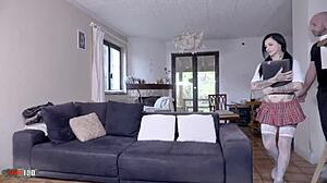 Stunning French Milf's Huge Tits Bounce On Sofa In Uniform Fuck Fest